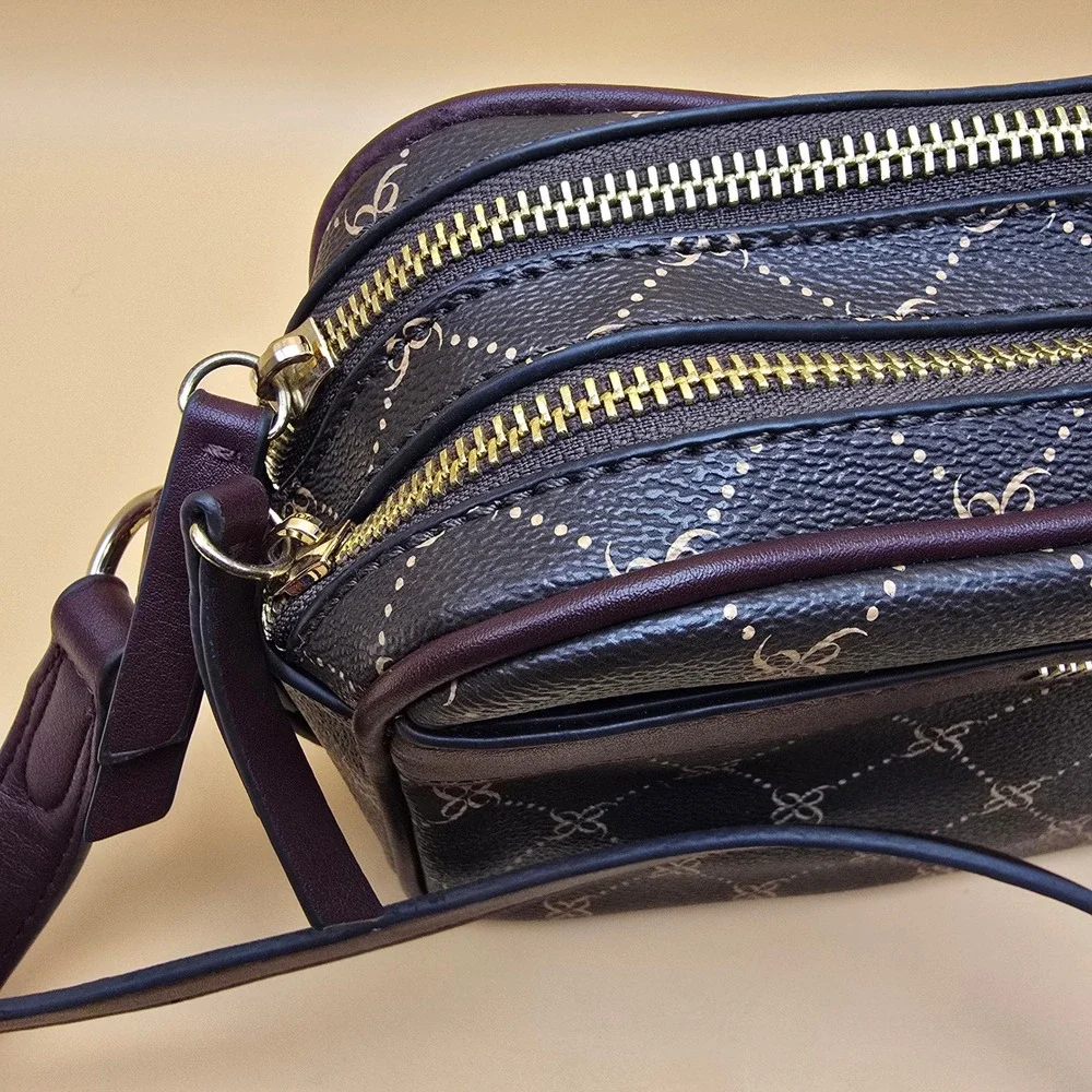 Nine West Monogram Crossbody Bag Burgundy Faux Leather Double Zip